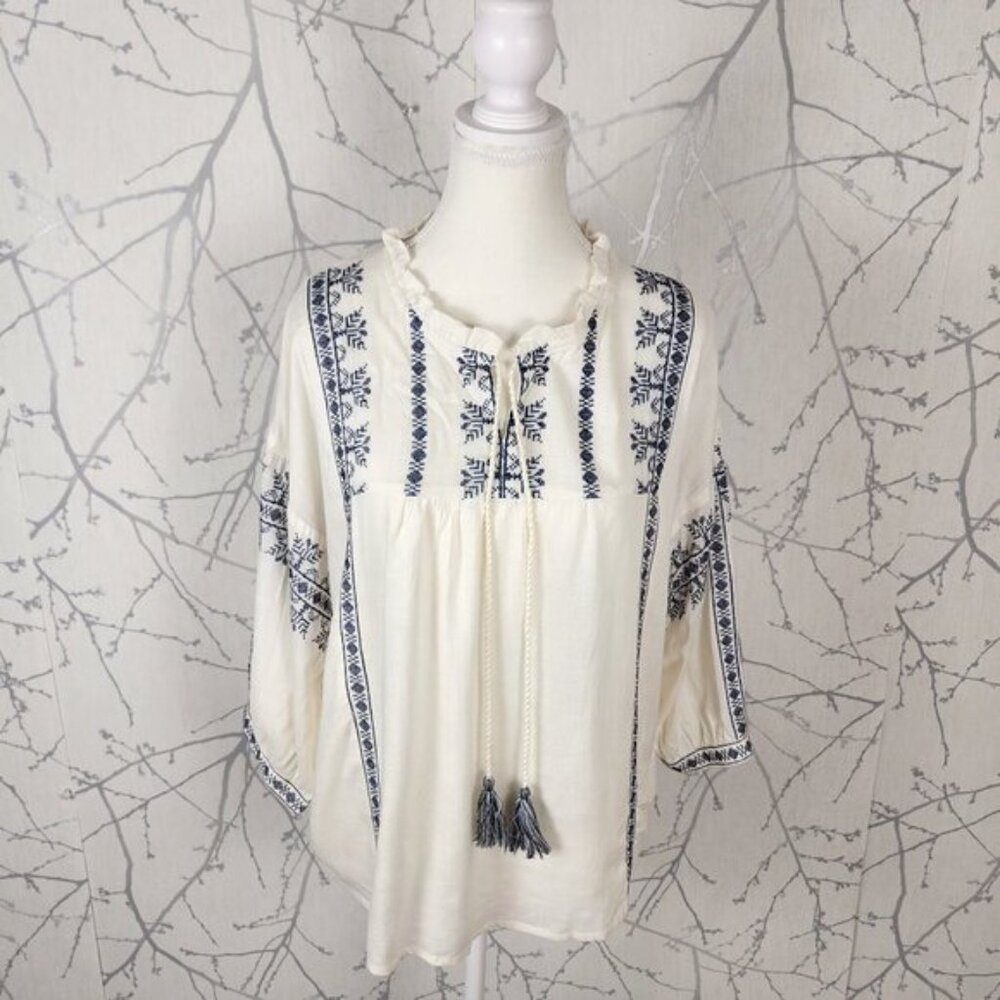 Fame Forever White Navy Cross Stitch Embroidered Peasant Top